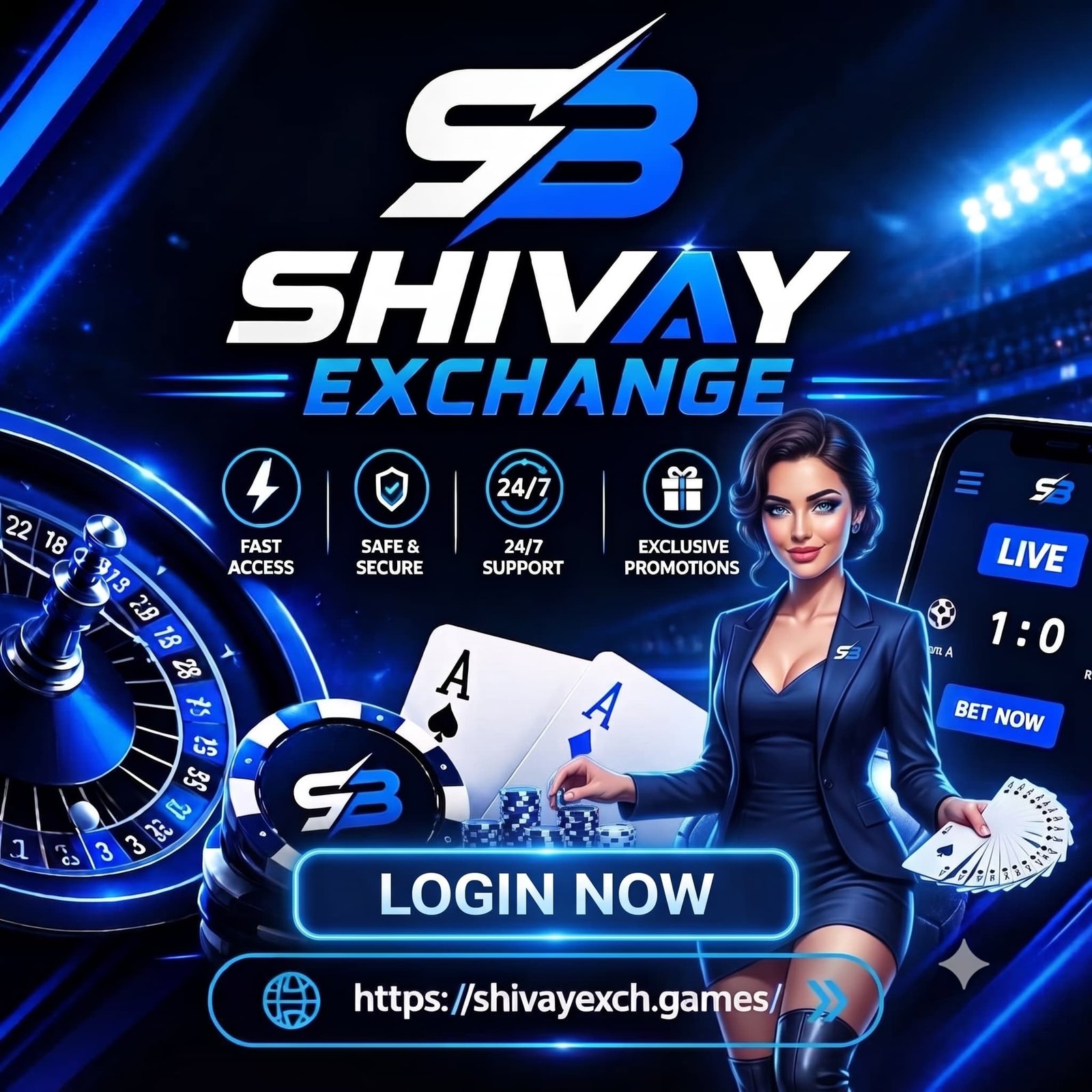 Shivay Exchange login banner with Login Now button and website URL
